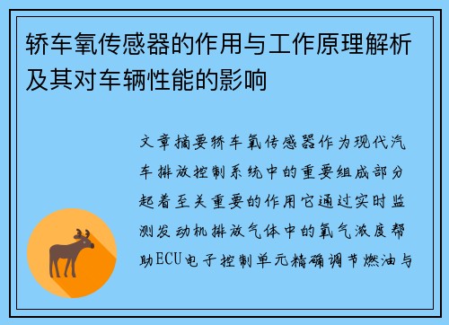 轿车氧传感器的作用与工作原理解析及其对车辆性能的影响