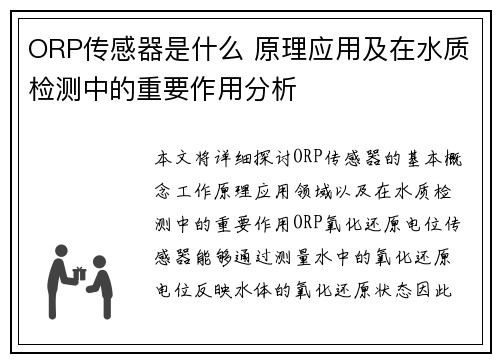 ORP传感器是什么 原理应用及在水质检测中的重要作用分析